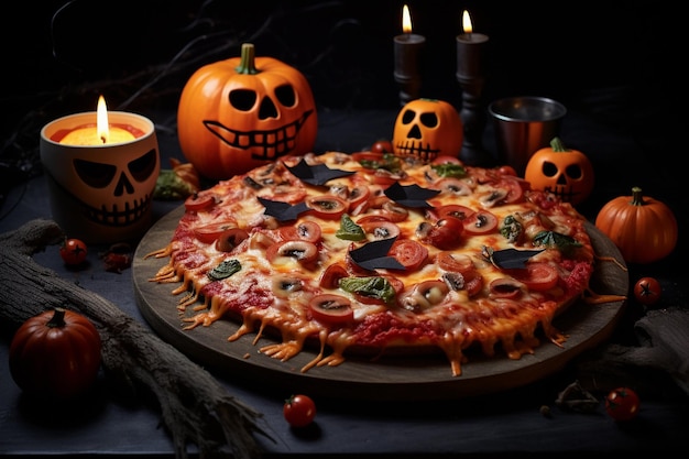 Halloween themed pizza with evil pumpkin