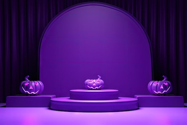 Halloween themed podiums or pedestals showcase products on a purple backdrop