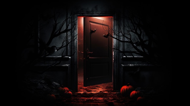 Photo halloween themed room with an open door in darkness silhouette concept