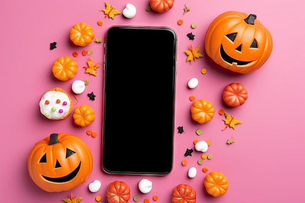 Смартфон на тему Хэллоуина с конфетами на розовом фоне