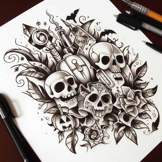 Photo halloween themed tattoos featuring illustrations of skulls and skeletons
