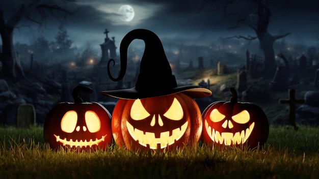 Photo halloween three glowing pumpkins in the cemetery at night near the graves 3d render