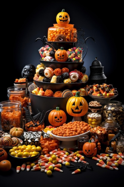 Halloween traktaties knolled arrangement van snoep en chocolade gecreëerd met generatieve AI technologie