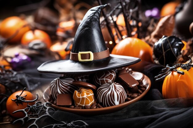 Halloween treats sweet candy witch hat spider web Focus on specific elements