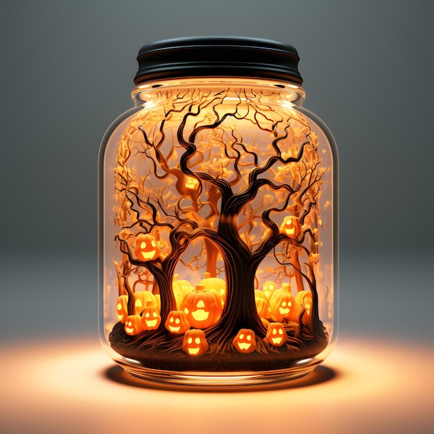 Halloween tree house in a glass jar on a white background