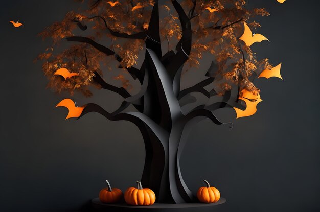 halloween tree on a podium paper art style ai generated background