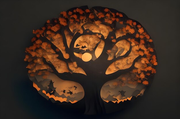 Хэллоуин дерево с тыквами в стиле бумажного искусства ai сгенерированный фон