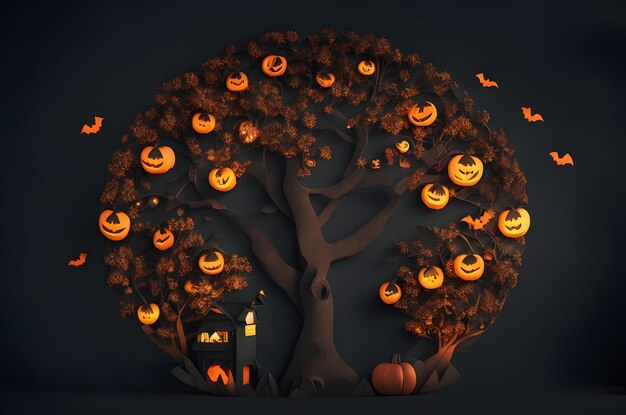 halloween tree with pumpkins paper art style ai generated background