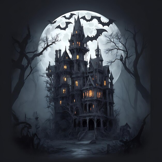 Halloween TShirt Design Spooky Haunted House Scene with a Full Moon