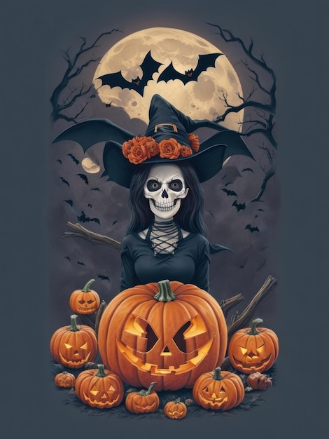 Логотип футболки Хэллоуина с тыквой, черепом, ведьмой, лунной летучей мышью, метлой, созданный ai