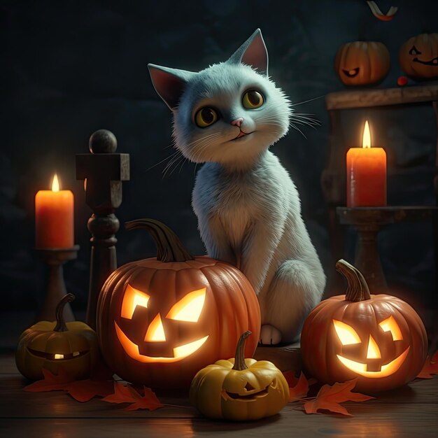 Halloween vakantie 3d schattige zwarte pluizige kat met groene ogen