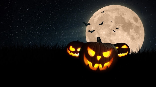 Halloween-vakantiebehang met vrije ruimte voor tekst en ontwerp. . Pompoenen gloeien in een grasveld met een enge volle maan en vleermuizen 's nachts. Gelukkig halloween-concept