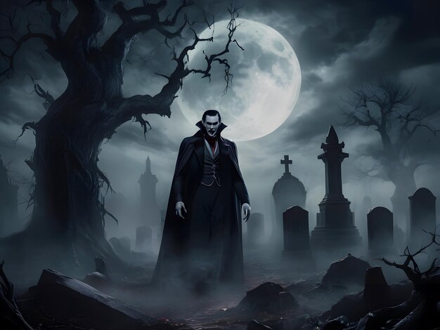 Halloween vampire ghost in a graveyard grave cemetery in night wallpaper