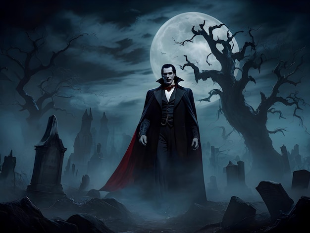 Photo halloween vampire ghost in a graveyard grave cemetery in night wallpaper