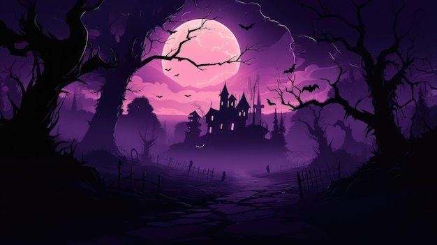 Halloween vector background with moon and purple night