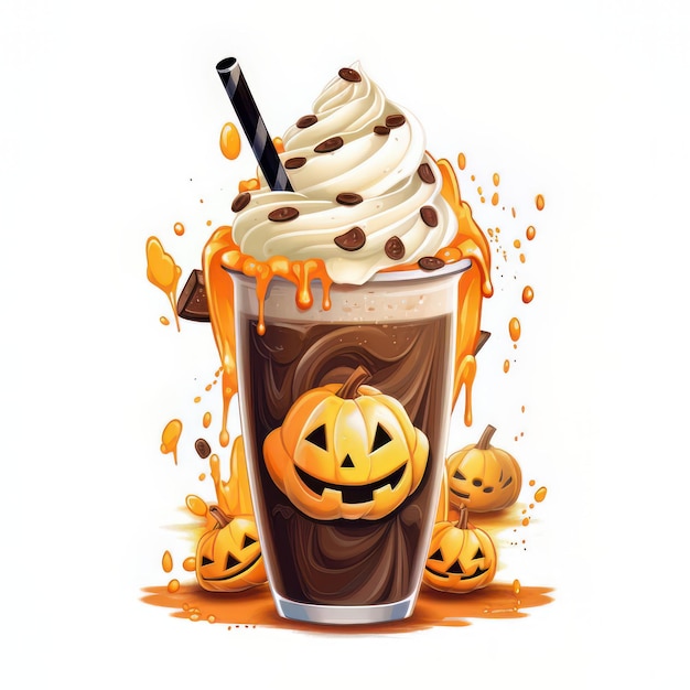 Photo halloween vector illustration of milkshake with whipped cream caramel and pumpkin