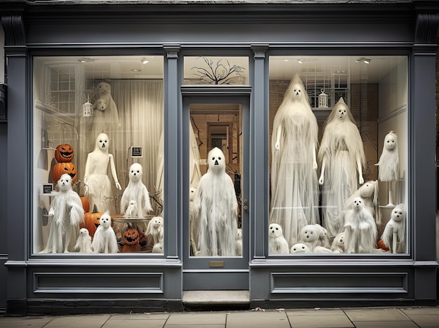 Halloween venster display met geesten en pompoenen in de ramen allemaal gekleed om te lijken op geesten