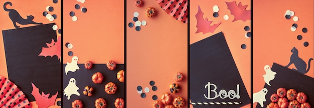 Halloween-verhalensjabloon voor sociale media Set van platliggende foto's van pompoenen, zwart papier, katten, geesten en buts op oranje en zwarte achtergrond
