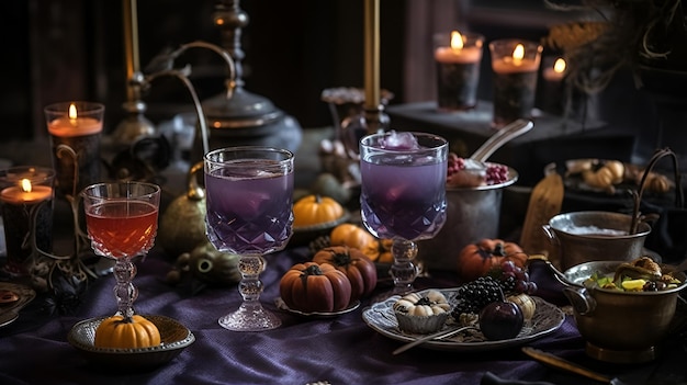 Foto halloween versierde tafel met cocktails in paarse kleuren gegenereerde ai