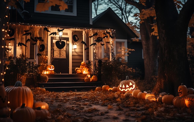 Halloween-versieringen buiten een modern huis