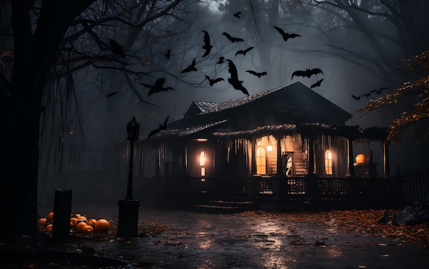 Halloween-versieringen buiten een modern huis