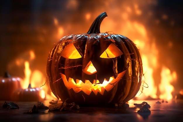 Halloween vibes intensified closeup view of glowing orange jackolantern