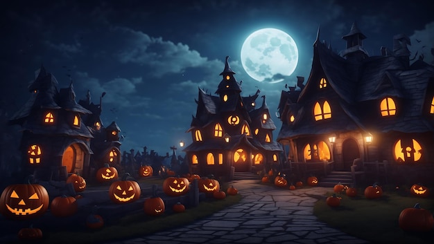 Halloween viering in een bos achtergrond met Scary Pumpkin 3D beeld door AI gegenereerd