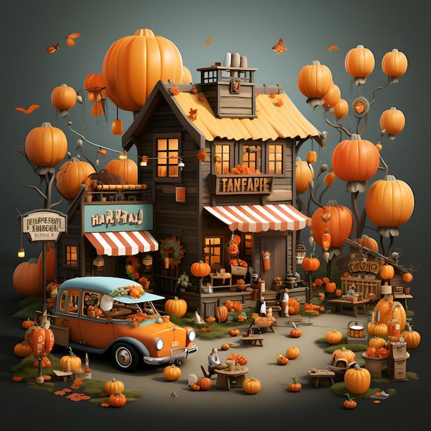 Photo halloween village with pumpkins and food truck illustration for children