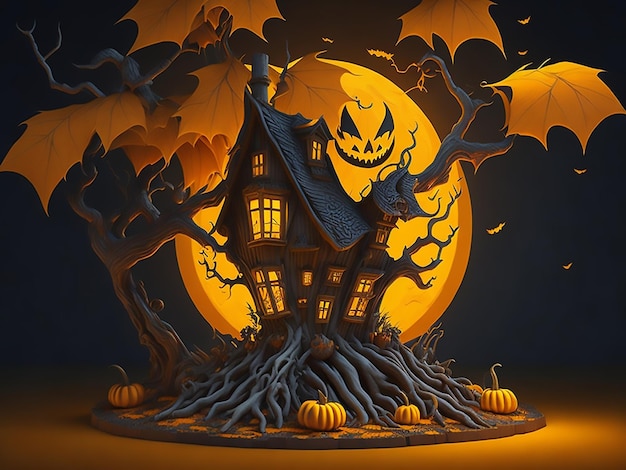 Halloween village with scary pumpkin castle fantasy Halloween background