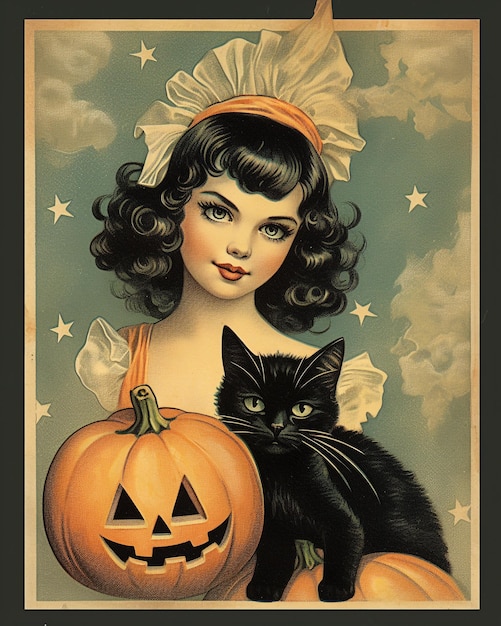 ハロウィーンのビンテージ レトロな魔女のポスター