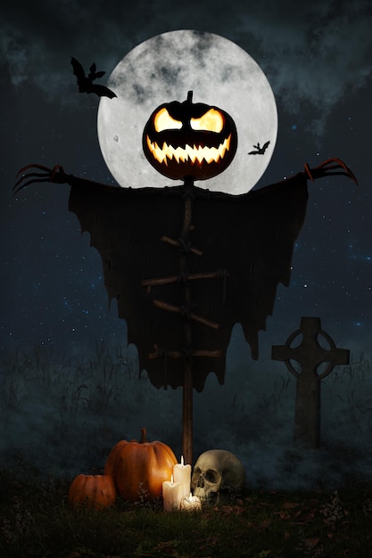 Halloween-vogelverschrikker met pompoenhoofd en gloeiende ogen op de begraafplaats 's nachts Pompoenenkaarsen en een 3d schedel geven terug
