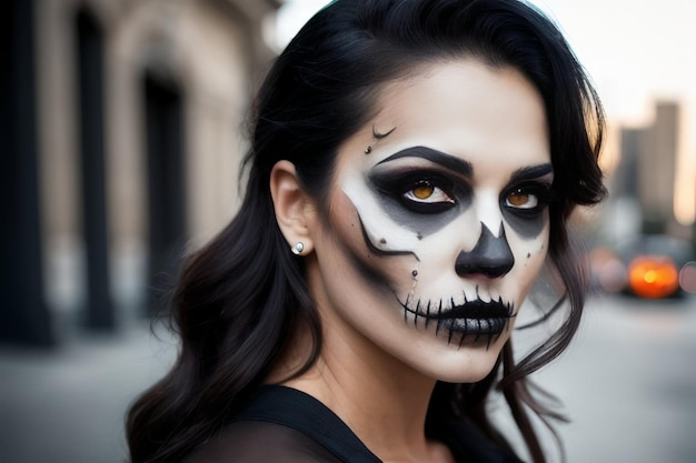 halloween Vrouw met zwart-witte zombiemake-up