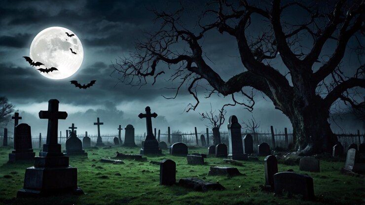 ハロウィーンの壁紙は夜の恐ろしい墓地を描いています