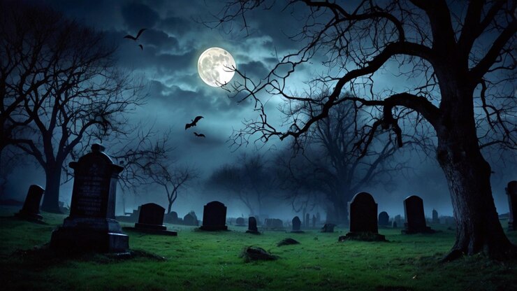 ハロウィーンの壁紙は夜の恐ろしい墓地を描いています