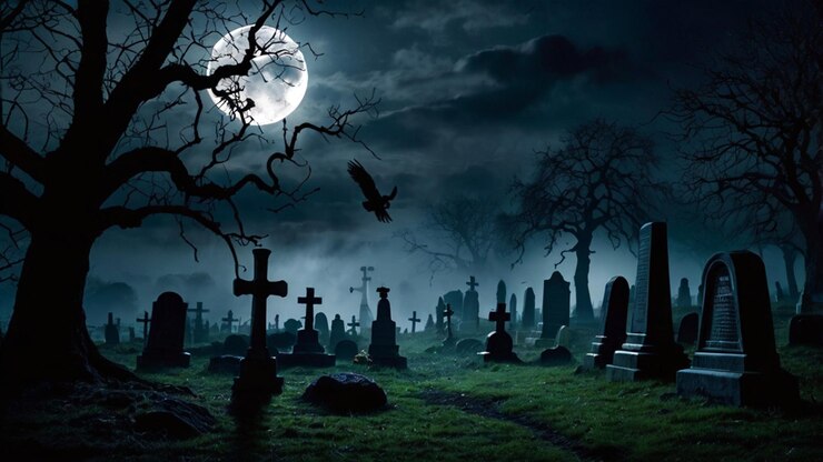 ハロウィーンの壁紙は夜の恐ろしい墓地を描いています