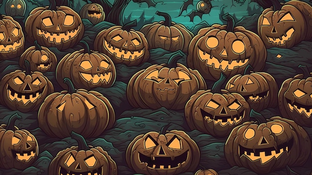 A halloween wallpaper with pumpkins and a spooky background.