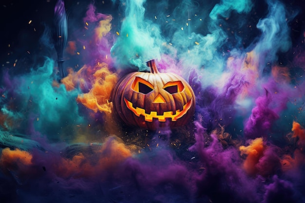 Halloween wallpaper with scary forest pumpkins and bats american saintsday Generative Ai