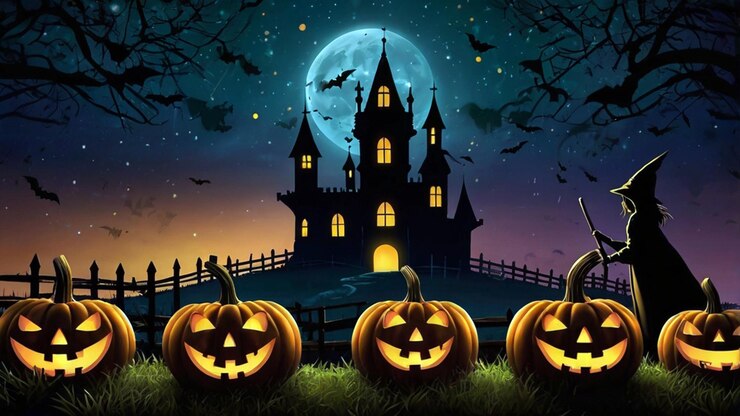 ハロウィーンの壁紙で魔女が黒い星の夜空を横断して掃除棒で飛んでいる