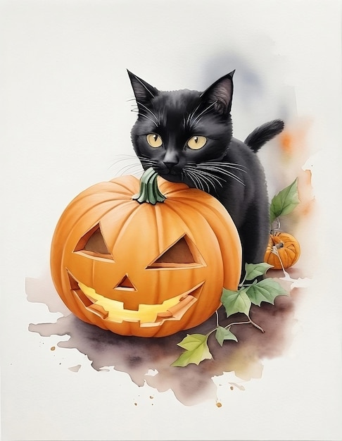 사진 해피 호박 할로윈 수채화 검은 고양이 그림