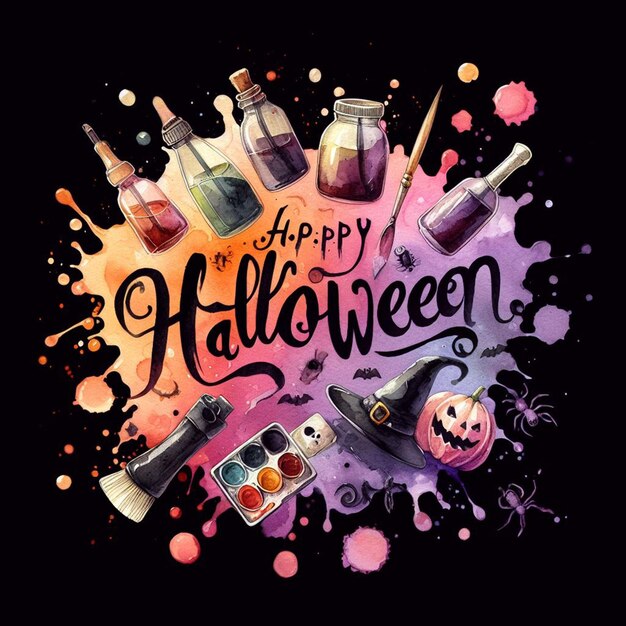 Photo halloween watercolor graphic in dark background with written happy halloween