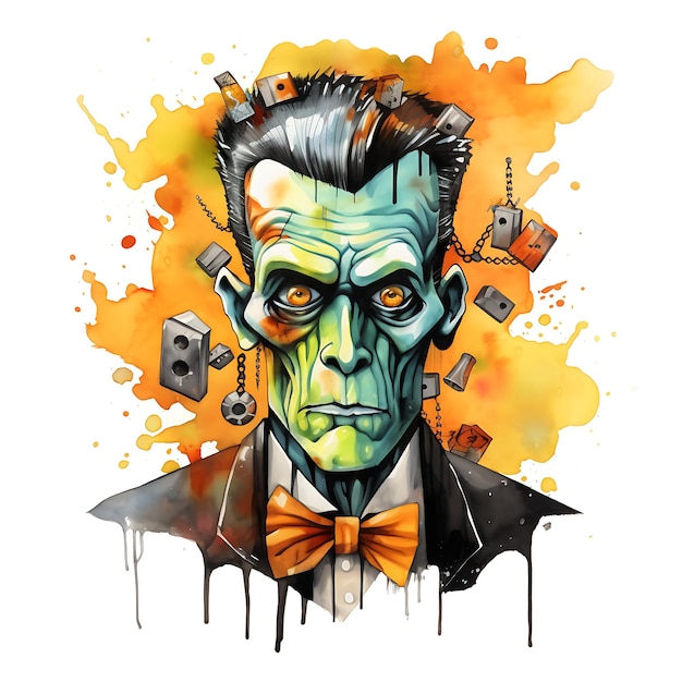 Halloween watercolor illustration of Frankenstein