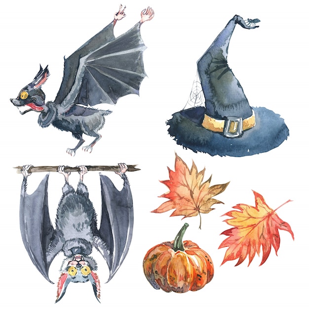 Photo halloween watercolor set: maple leaf, bat, pumpkin, witch hat and halloween lettering.