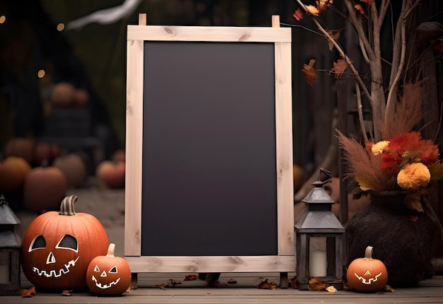 Halloween welcome signboard mockup with pumpkins lantern Black board with autumn decoration