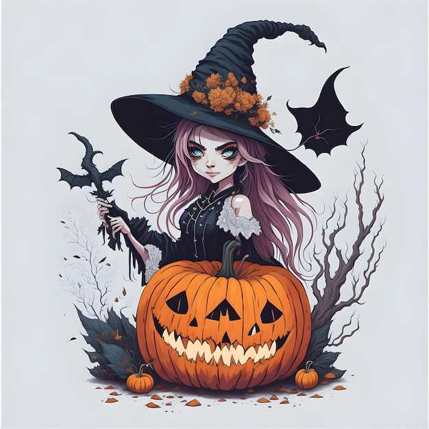 Фото Хэллоуинская ведьма и страшная тыква векторная художественная иллюстрация
