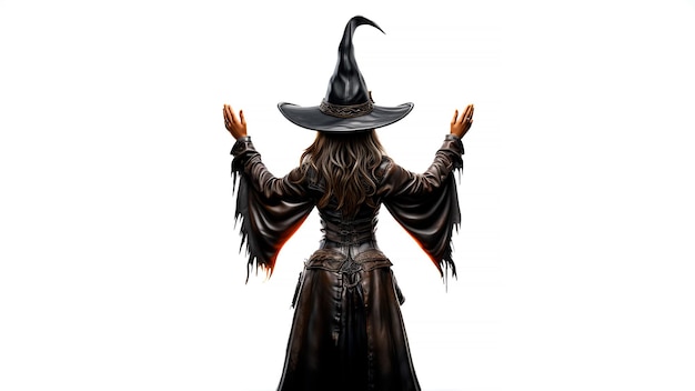 Halloween witch back turned and hands raised to showing something Generative AI