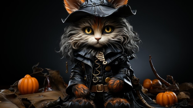 halloween witch black cat with pumpkin generative ai