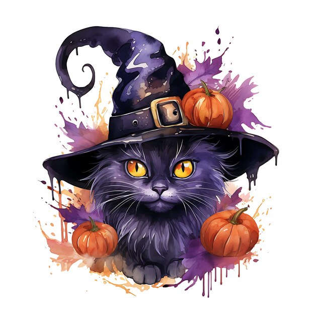 Фото Хэллоуинская ведьма черная кошка с тыквой акварель векторная иллюстрация