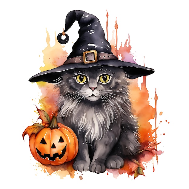 Фото Хэллоуинская ведьма черная кошка с тыквой акварель векторная иллюстрация