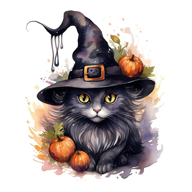 halloween witch black cat with pumpkin watercolor vector illustration