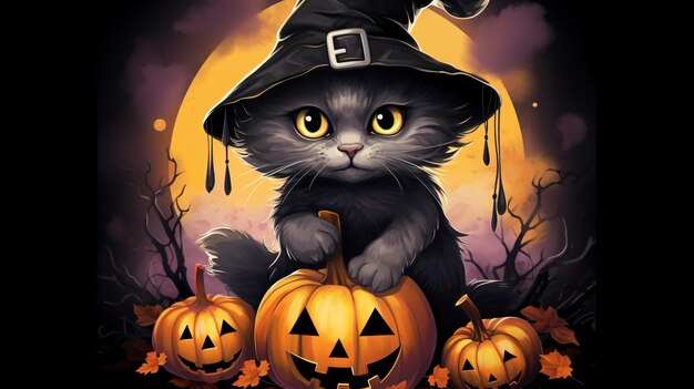 Halloween witch black cat with pumpkin watercolor vector